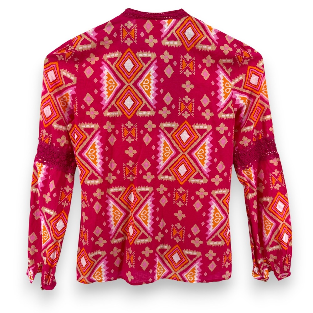 Tory Burch Pink Geometric Print Crochet Tie Neck Cotton Blouse Size 4‎ - Picture 5 of 8